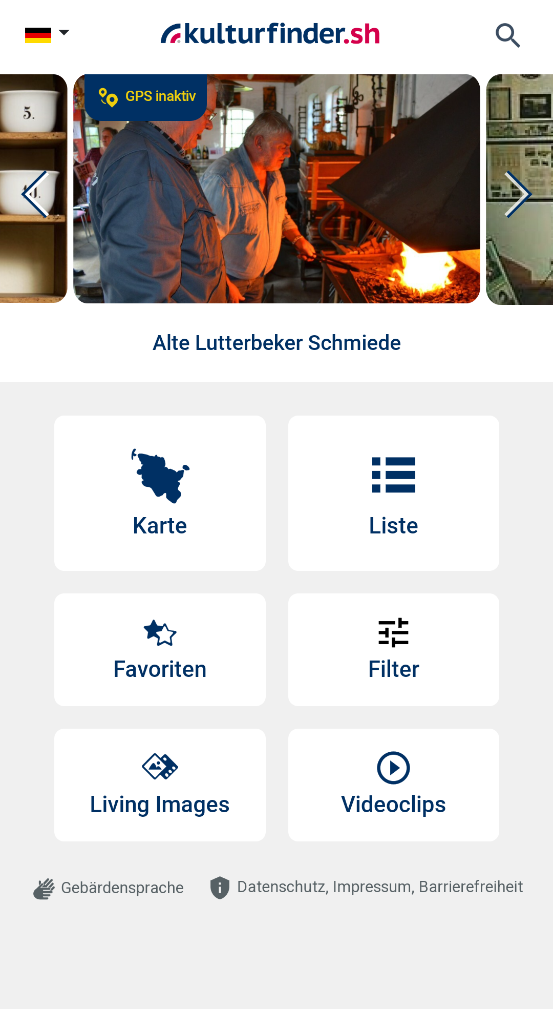 Startseite der Kulturfinder.sh App. Mit Vorschaubild der Kulturinstitution und den grafischen Links zu Karte, Liste, Favoriten, Filter, Living Images und Videoclips.