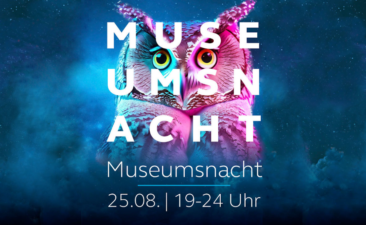 Bild der Museumsnacht in Kiel mit einem blauen Nachthimmel als Hintegrund und einer Eule darauf.